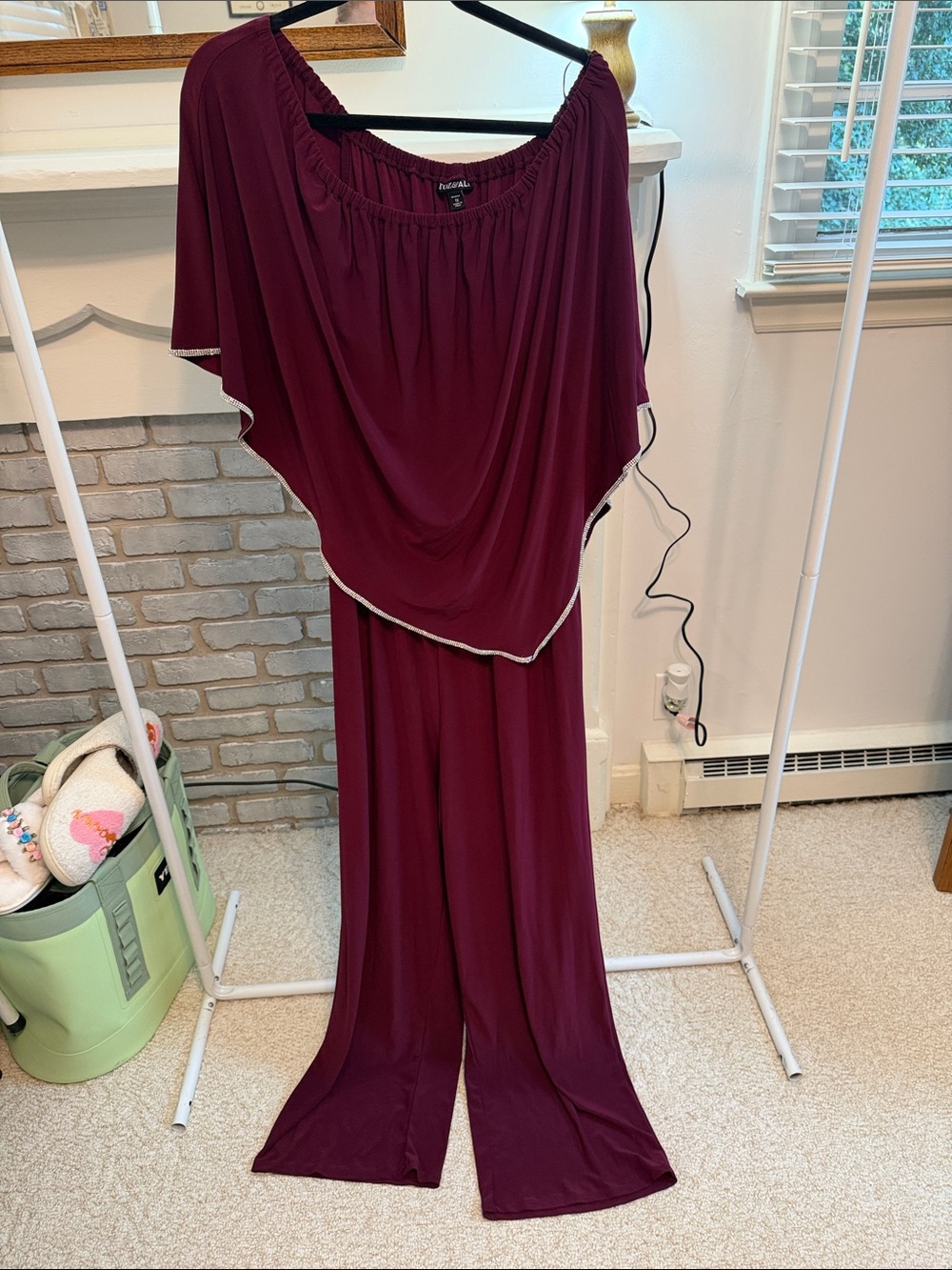 Roz & Ali Maroon Off-Shoulder Jumpsuit with Draped Overlay rhinestones 1x